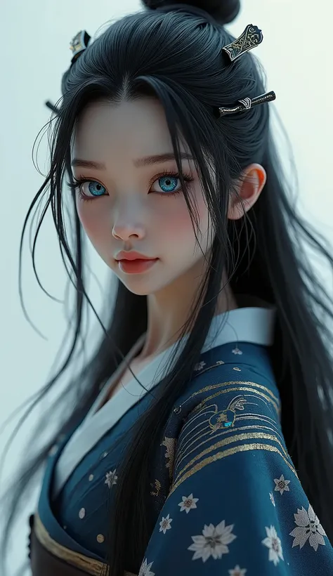 1girl, Solo, Breasts, Samurai, Long Hair, Black Hair, 3D Rendering, big Blue eyes, Masterpiece, Accurate, High Resolution, Detail, High Details, High Quality, Eye Reflection, Mole Under Eye, Glowing Eyes, 