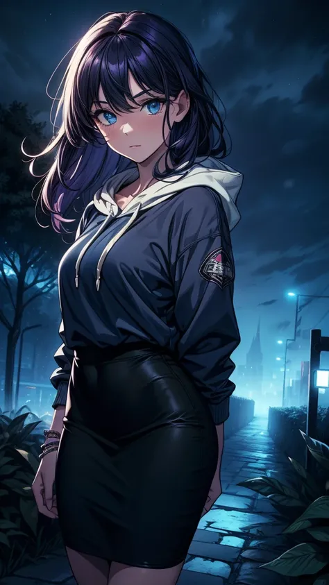 ((((masterpiece, best quality:1.8, high detail)))), beautiful woman, bright blue eyes, solo focus, long wavy hair, ((dark purple hair)), ((blue hoodie)), (black midi pencil ((skirt))), (((long black skirt))), slim body, bracelet, sidewalk, garden, leaves, ...