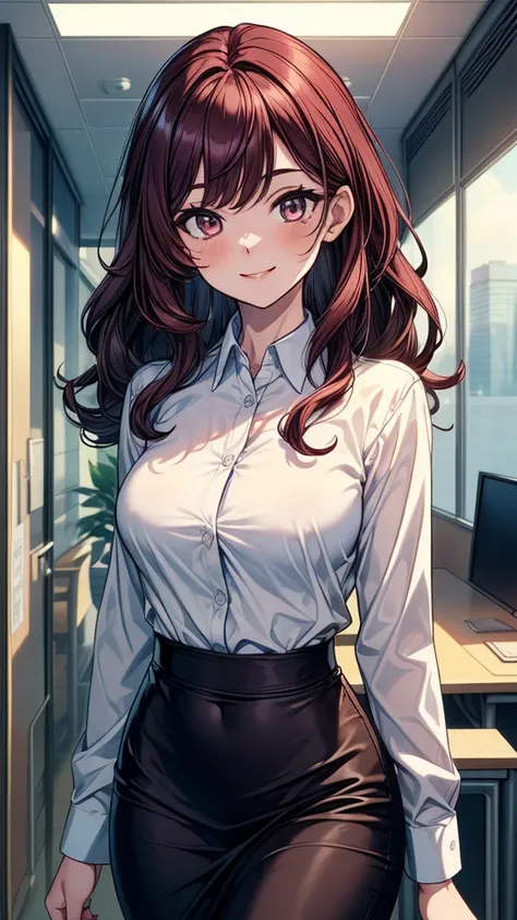 ((((masterpiece, best quality:1.8, high detail)))), beautiful business woman (walking), bright eyes, smile, looking at viewer, solo focus,, long ((wavy hair)), ((dark burgundy hair)), ((white collar shirt long sleeves)), very long black pencil skirt, slim ...