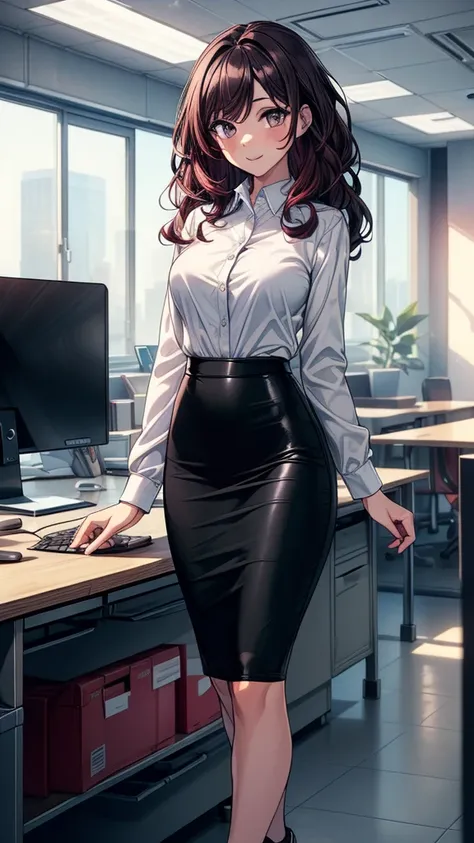 ((((masterpiece, best quality:1.8, high detail)))), beautiful business woman (walking), bright eyes, smile, looking at viewer, solo focus,, long ((wavy hair)), ((dark burgundy hair)), ((white collar shirt long sleeves)), (black midi pencil (skirt)), (((((l...