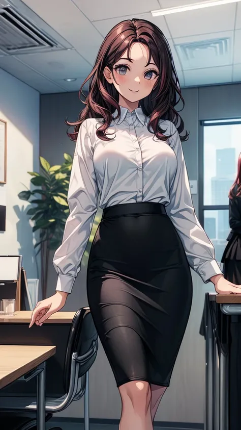 ((((masterpiece, best quality:1.8, high detail)))), beautiful business woman (walking), bright eyes, smile, looking at viewer, solo focus,, long ((wavy hair)), ((dark burgundy hair)), ((white collar shirt long sleeves)), (black midi pencil (skirt)), (((((l...