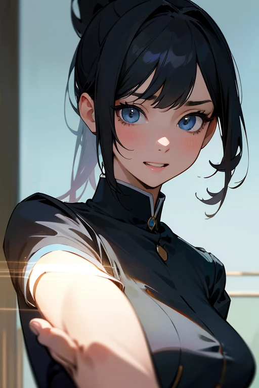 (Highest resolution clear_image) Best Quality, single, One Woman, Alone, masterpieceHighly detailed, Somewhat realistic, Black Hairのショートヘア, Black Hair, bangs, 1, Mature, light blue Uniform, Uniform, Indoor Background, kind, Authoritative, Powerful, Exquisi...