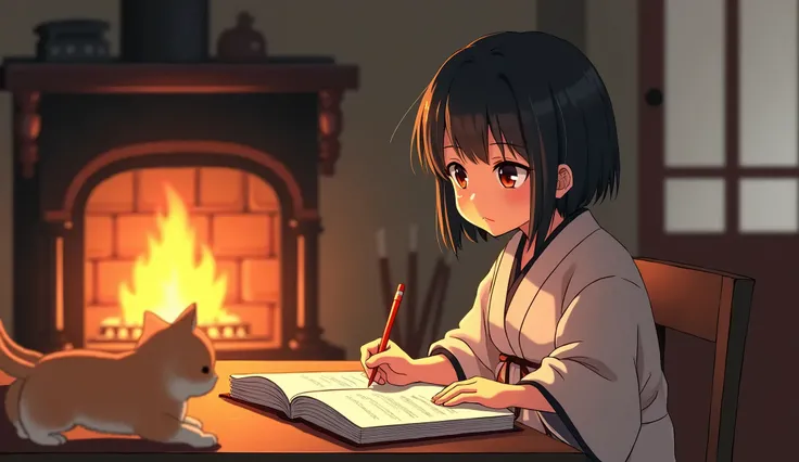 Japanese girl studying in her room, with a fireplace and a little orange moving cat next to it