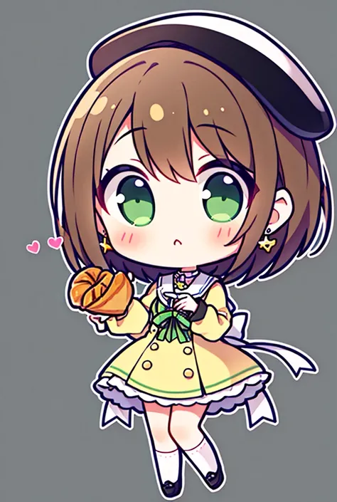 1girl, short brown hair, white French Baret, green eyes, beauty mark, heart earrings, beige short dress, long sleeves, white socks, black shoes, holding a croissant, super cute girl