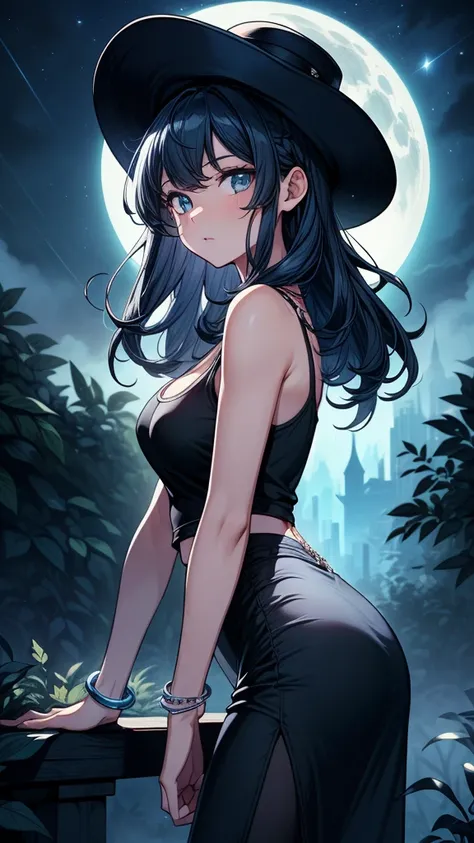 ((((masterpiece, best quality:1.8, high detail)))), beautiful woman, bright blue eyes, long wavy hair, ((dark blue hair)), ((white tank top)), cleavage, (black midi pencil ((skirt))), (((long black skirt))), black sun hat, slim body, necklace, bracelets, s...