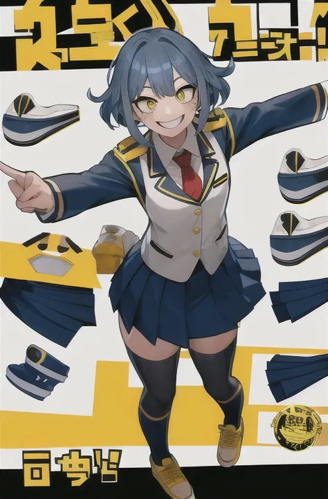 horikoshi kouhei, chica, absurdres, uniform escolar, blue hair, boku no hero academia, pelo rizado, full body, sonrisa, solo, sonrisa dientes, yellow eyes, uniform escolar, full body, Gne Rpi, white background.
