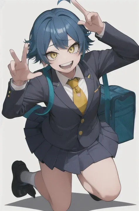 horikoshi kouhei, chica, absurdres, unhiform escolar, blue hair, boku no hero academia, pelo rizado, full body, sonrisa, solo, sonrisa dientes, yellow eyes, uniform escolar, full body, pose, Gne Rpi, white background.