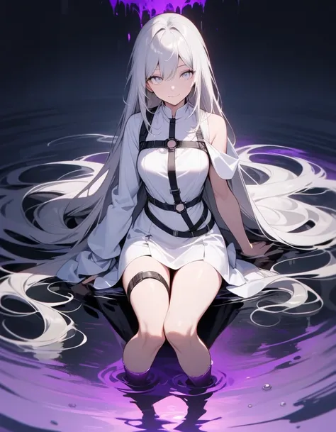 Full Body, One Adult Woman, Silver Hair, Very Long Hair, White Eyes, Accessories in Upper Arm, Wearing White Glown, Elegant Woman, Smile, Dark Aura, W Sitting on Floor, Water Floor, Body Belt Harness, Exposed Leg, Pov 