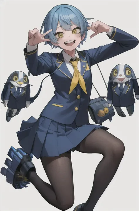 horikoshi kouhei, chica, absurdres, unhiform escolar, blue hair, boku no hero academia, hair rizado largo, full body, sonrisa, solo, sonrisa dientes, yellow eyes, medium pecho, model complex,  uniform escolar, full body, pose, Gne Rpi, white background.