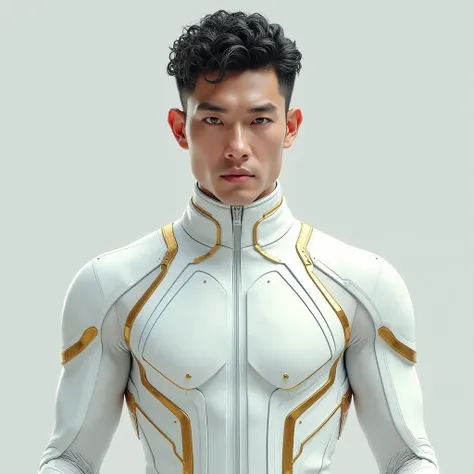 Man with short curly hair, white skin, gray eyes, defined and athletic body, white science fiction costume clothes with golden details, look forward, confident,