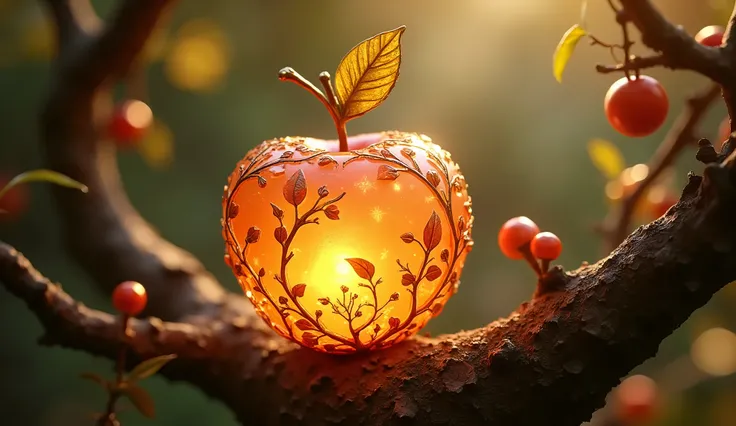 un manzano lleno de  ( manzanas  magical, glowing apple made of intricately carved glass sits on an ornate, The apple is encased with delicate golden vines and leaves, which wrap around its translucent surface, catching the warm light that shines from with...