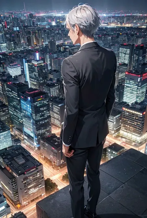 man ,1 person ,Gray hair ,Blue eyes ,Wear a black suit ,Stand with your back turned ,Tokyo city view ,Night time ,rain ,Highest quality