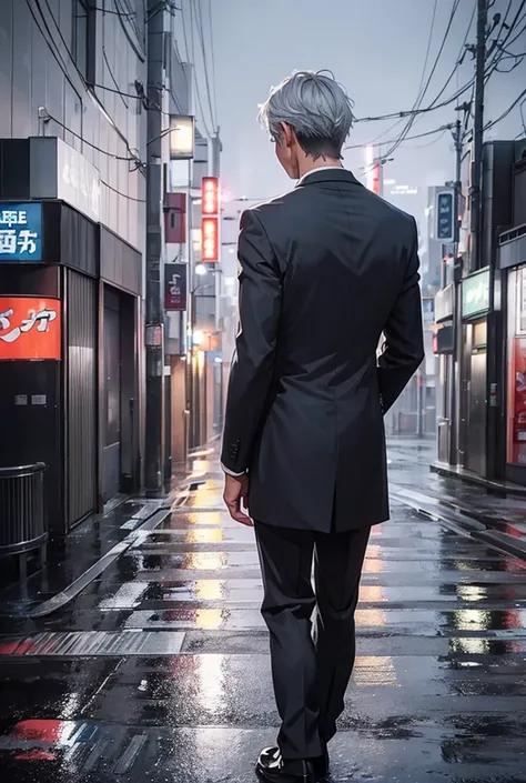 man ,1 person ,Gray hair ,Blue eyes ,Wear a black suit ,Stand with your back turned ,Tokyo city view ,Night time ,rain ,Highest quality