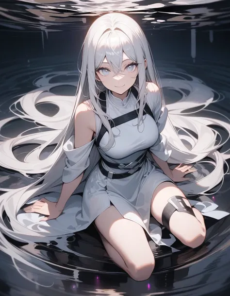 Full Body, One Adult Woman, Silver Hair, Very Long Hair, White Eyes, Silver Accessories in Upper Arm, Wearing White Glown, Elegant Woman, Smile, Dark Aura, W Sitting on Floor, Water Floor, Burst Belt Harness, Exposed Leg, Pov, Big Burst,