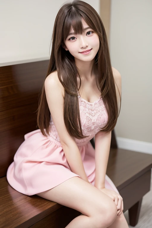 High resolution, Long Hair, bangs, Brown Hair,   2、168cm、　Japanese、Beautiful Face、Model body type、Droopy eyes, 
smile, chest, Pink dress、White high heels、whole body、Girl sitting
