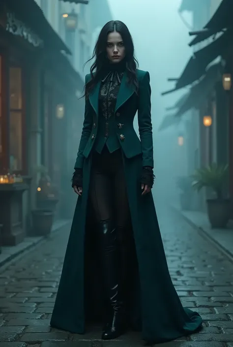 Canon 50 photo, ultra realistic, half length portrait, slim athletic svelte 30 year old sinister angry woman, long black hair dressed in a deep teal very long flowing overcoat and dark indigo Victorian suit with ascot, intricate, dense fog, elegant, highly...