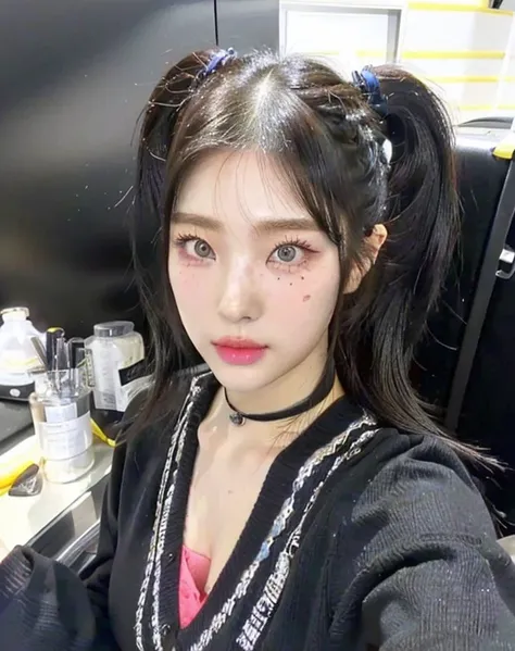 araffe girl with a ponytail and a black sweater posing for a picture and blue like eyes, ulzzang, she has black hair with bangs,...