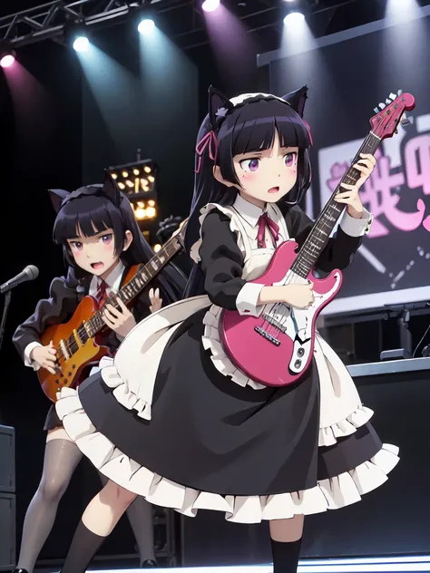 Metal Band, ruri gokou, Maid clothes,  Hime cut, Black Hair, Long Hair, mole, blush, Dark Stage, Electric guitar, Intense guitar riffs, Scenes with heavy bass, Skull motif, apron skirt, Cat ear, full body