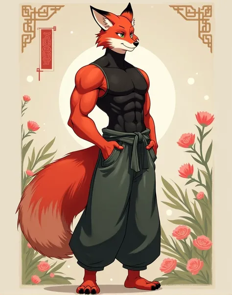 Haru 1 Male Tall, fit, anthropomorphic beast, fox-like, with bright red fur and expressive green eyes. Haru has impressively large hips., which makes his figure graceful at the same time. He is wearing a black sleeveless turtleneck bodysuit., which highlig...