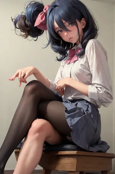 masterpiece, 8k, beauty, very curly blue hair, head bow, very tiny miniskirt, pantyhose, sitting crossed legs, giving a man a bl...