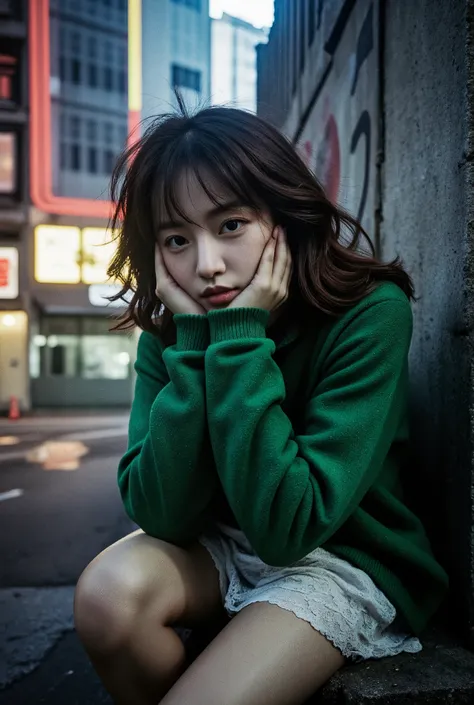 A cinematic film photo shoot in honkong city street, shot on mamiya R67 with 35mm lens and f-1.4, intricate high angle view, there was a young pretty japanese idol girl with emotional expression and beautiful ayes, sitting astride on the concrete fence wit...