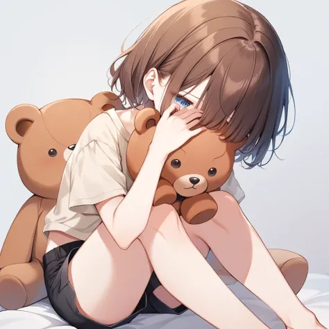 1girl, short brown hair, blue eyes, shy face, hair covering eyes, holding teddy bear, beige top, black shorts, barefoot