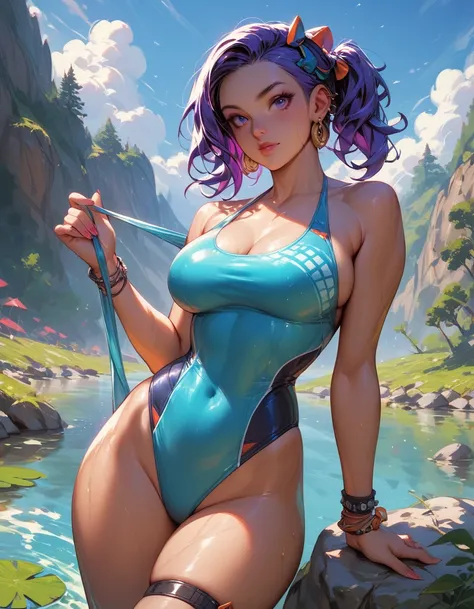 score_9,score_8_up,score_7_up, 1girl, rock bolder, swimsuit, , lake, curvy,
