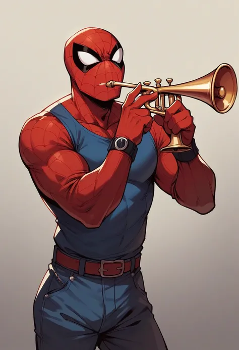 Red Spiderman playing trumpet