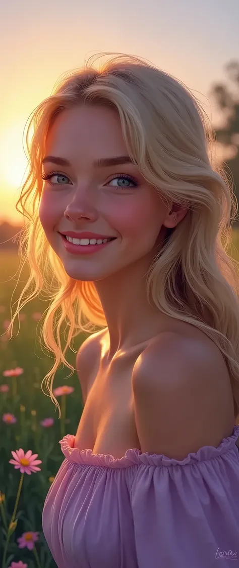 Create an image of a young woman whose name is Sara and she lives in the United States of America ,She is blonde ,blue eyes ,beautiful face ,smile in the future ,works as a writer ,Your hobby is having a good conversation at sunset or in pleasant places wi...