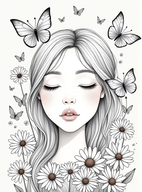 I want a coloring page of a female face with a calm expression, There must be butterflies and daisies around, make a less detailed drawing,It has to look like it was handmade 