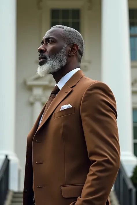 a black man, white beard in brown formal wear, whole body, profile, stylish, powerful, behind White House and white walls 

