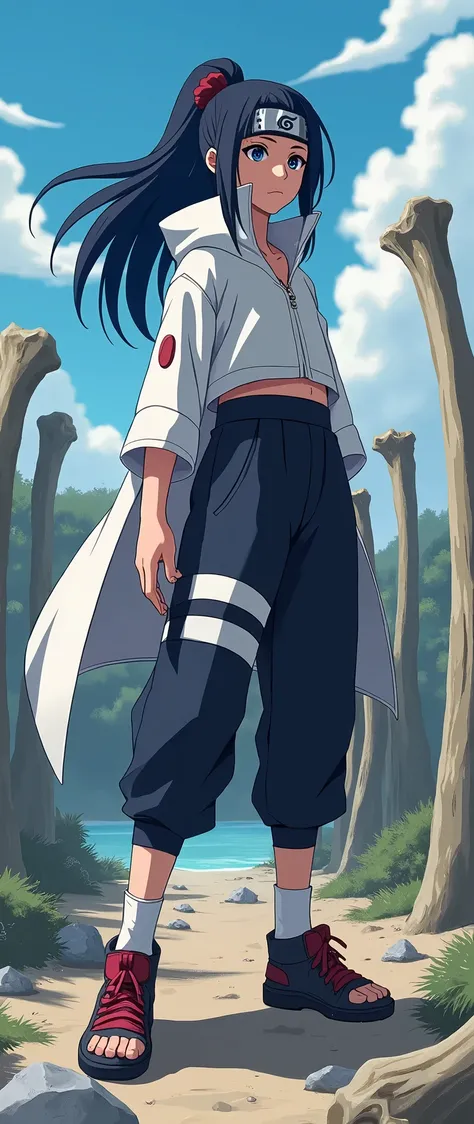 O Sasuke does anime (Naruto) using the Naruto character&#39;s shoes,she is posing for a PHOTO next to the hokeges&#39; bones ,em hd,imagêm ultra HD,1080P,