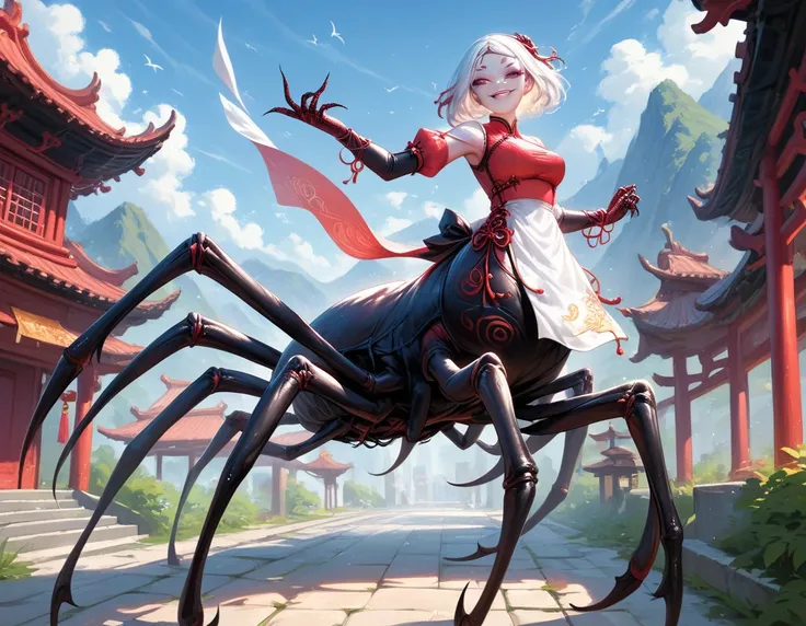 score_9,score_8_up,score_7_up, 1girl, solo, monster girl, arachne, extra eyes, taur , pale skin, multicolored skin, extra_limbs, red spots, straight hair, white hair , chinese architecture , outdoors, chinese kingdom, medieval, solo , energetic Pose, jumpi...