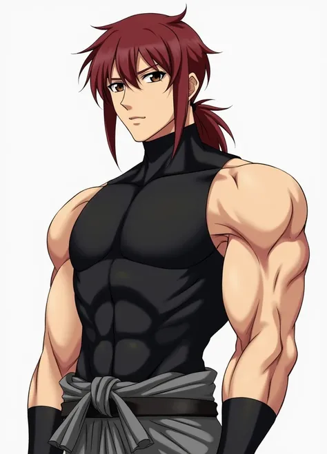 Shinji Fujirawa 1 Male Wearing a sleeveless turtleneck bodysuit, hugging the upper part of his figure and emphasizing the lines of his shoulders and chest. He always wears a loose gray men&#39;s hakama., black belt.
dark brown eyes, surrounded by thick dar...