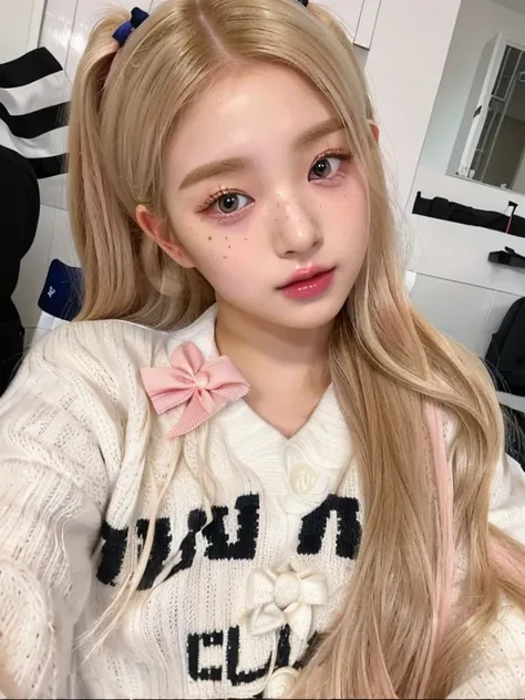 blond girl with long hair and pink bows in a white sweater, ulzzang, wan adorable korean face, jaeyeon nam, kawaii hairstyle, pigtails hairstyle, twintails hairstyle, with long hair, kawaii realistic portrait, sakimichan, cute kawaii girl, ruan cute vtuber...