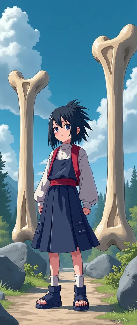 O Sasuke does anime (Naruto) using the Naruto character&#39;s shoes,she is posing for a PHOTO next to the hokeges&#39; bones ,em hd,imagêm ultra HD,1080P,