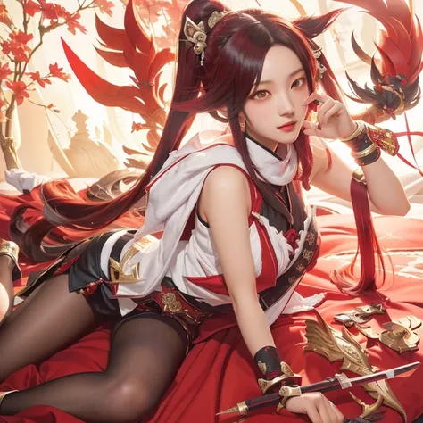  characters laying on a bed with a red blanket, disgaea, akali, knights of zodiac girl, onmyoji detailed art, zhongli from genshin impact, akali from league of legends, krenz cushart and artgerm, fantasy illustration, keqing from genshin impact, in no game...