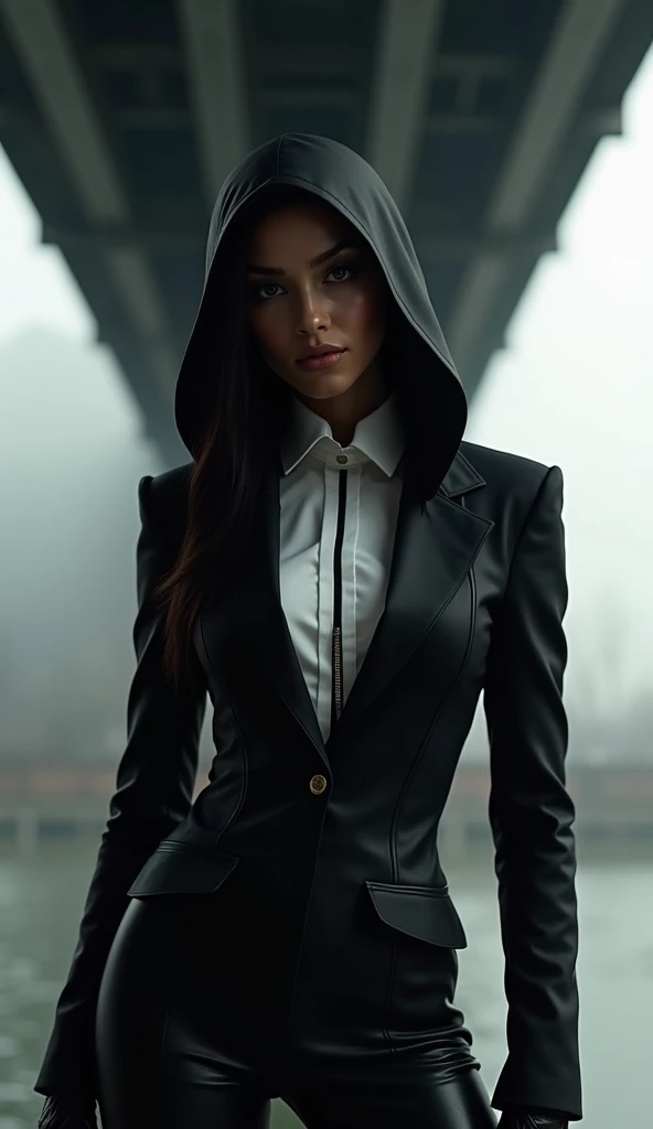 Concept art of a woman in a black and white suit and hood:1.5, walking under a dark bridge, Inspired by Marek Okon and trending on Artstation. This neo-figurative piece is inspired by Spider-Gwen and the style of graphic artist Artgerm, Showing extremely d...