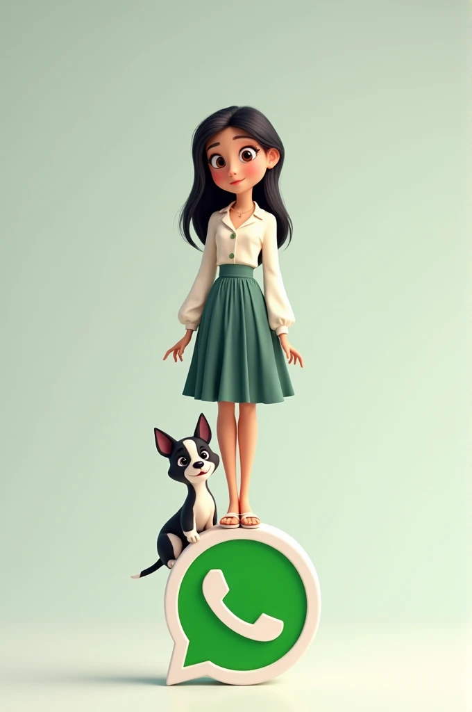 3D Disney Pixar drawing of a black-haired woman wearing a skirt and blouse on top of the WhatsApp icon and a black and white dog next to it