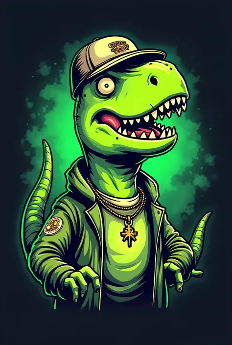 GENERATE A LOGO FOR AN URBAN T-SHIRT BRAND THAT IS MORE COLORFUL WITH A SIMPSONS-STYLE T-REX IMAGE　rapper　A little bit of evil　homely　ha　accessories ALLUSION OF A CARICATURE OF RICK AND MORTY THAT HAS THE COLOR GREEN AND THE NAME ALSO ALLUDES TO GHOSTS OR ...