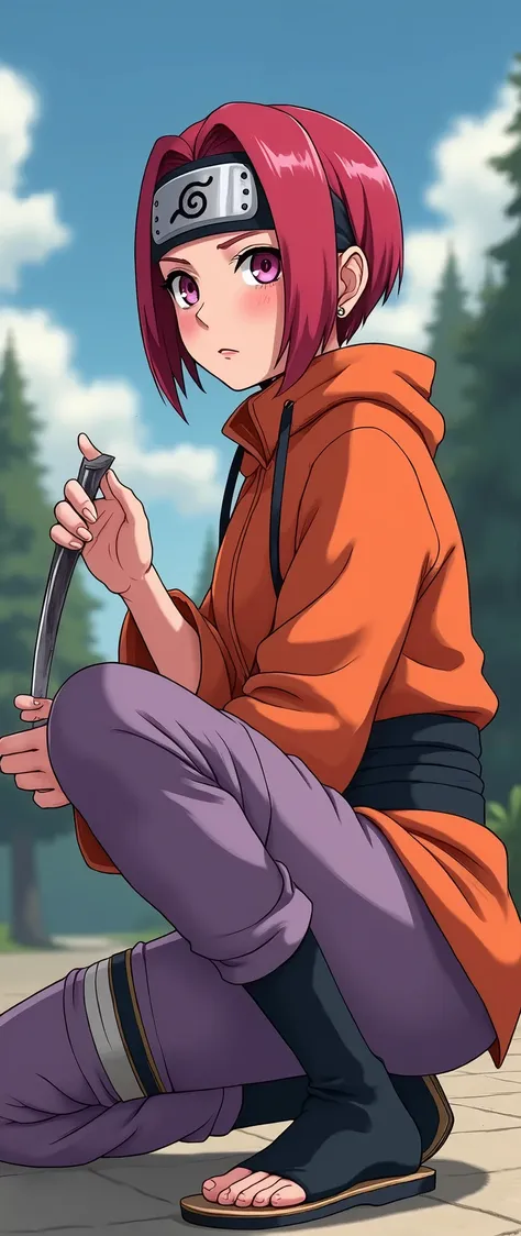 Uma Ninja of Konohagakure ,anime "Naruto".(Red hair short sidecut,Lilac eyes ,Light brown skin,short lilac kimono,on the kimono sash a similar symbol of the large Uzumak family,konaha&#39;s bandana is on the right leg,Light pink boots without socks ,).the ...