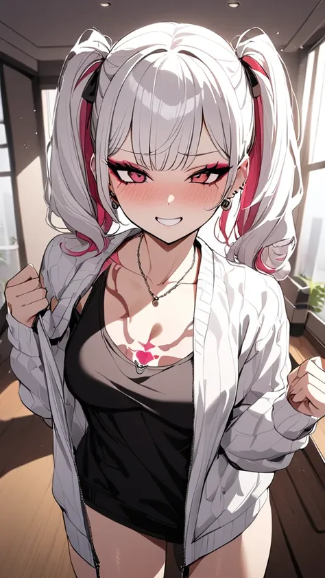 1girl, Holo-Punk Style, woman, masterpiece, white hair, best quality, indoors,shy, grin, messy twintails, makeup, dynamic pose, blush, black shirt, unzipped white sweater, blush, earrings, ruby necklace, breasts, lipstick, collarbone tattoo