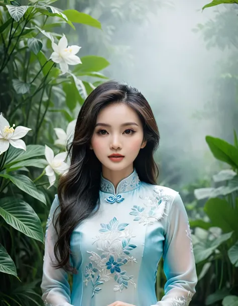 A stunning young woman with long, dark hair and delicate features wearing an intricately embroidered, soft silk traditional Vietnamese ao dai in shades of sky blue and white, posing elegantly amidst lush, vibrant greenery and subtle mist.