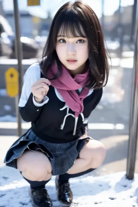 masterpiece、best quality、girl 1、super detailed　black-haired、straight bangs　schoolgirl uniform、scarf、short skirt、leather shoes　so...