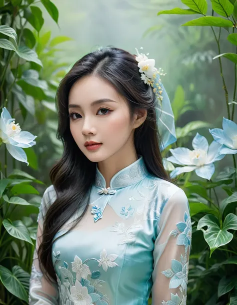 A stunning young woman with long, dark hair and delicate features wearing an intricately embroidered, soft silk traditional Vietnamese ao dai in shades of sky blue and white, posing elegantly amidst lush, vibrant greenery and subtle mist.