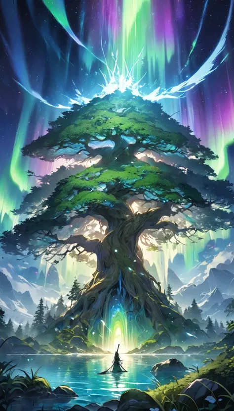 (beautiful and delicate and divine), ((in theGods Realm deep forest)), The biggest World Tree of root with a (((divine and beautiful detailed long blade))) is stick into root of world tree, break, background beautiful nature and beautiful water, double exp...