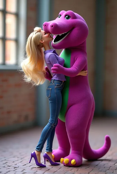 8K HD high quality image. Barbie kissing Barney the Dinosaur. Barbie is wearing tight purple skinny polo, tight skinny blue jeans, and purple high heels. Barney is in his original form. Barbie is kissing Barney while carrying him. Full Body from Head to To...