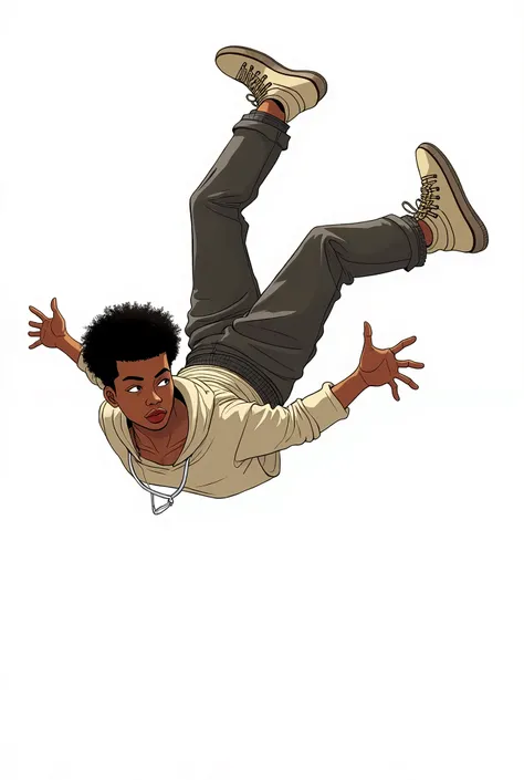 A streetwear character in manga lines short afro hair in the American cut thin body in sweatpants and sneakers falling from the sky in png
