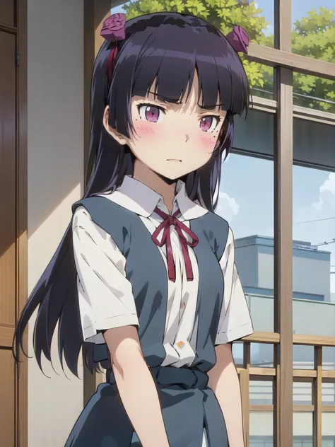 ruri gokou, 1 female, solo, ((tokyo-3 middle school uniform)), blue vest, hime cut, black hair, long hair, mole, blush, red ribb...