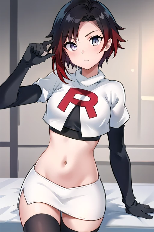 masterpiece, best quality, detailed, hd, ruby rose, 1girl, grey eyes, red hair, multicolored hair, team rocket,team rocket unifo...